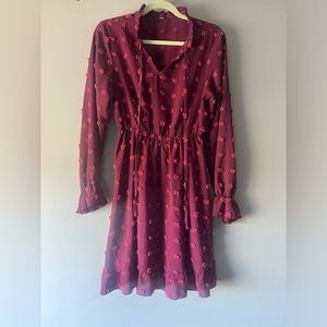 Maroon/ wine tie neck dress with Swiss dots